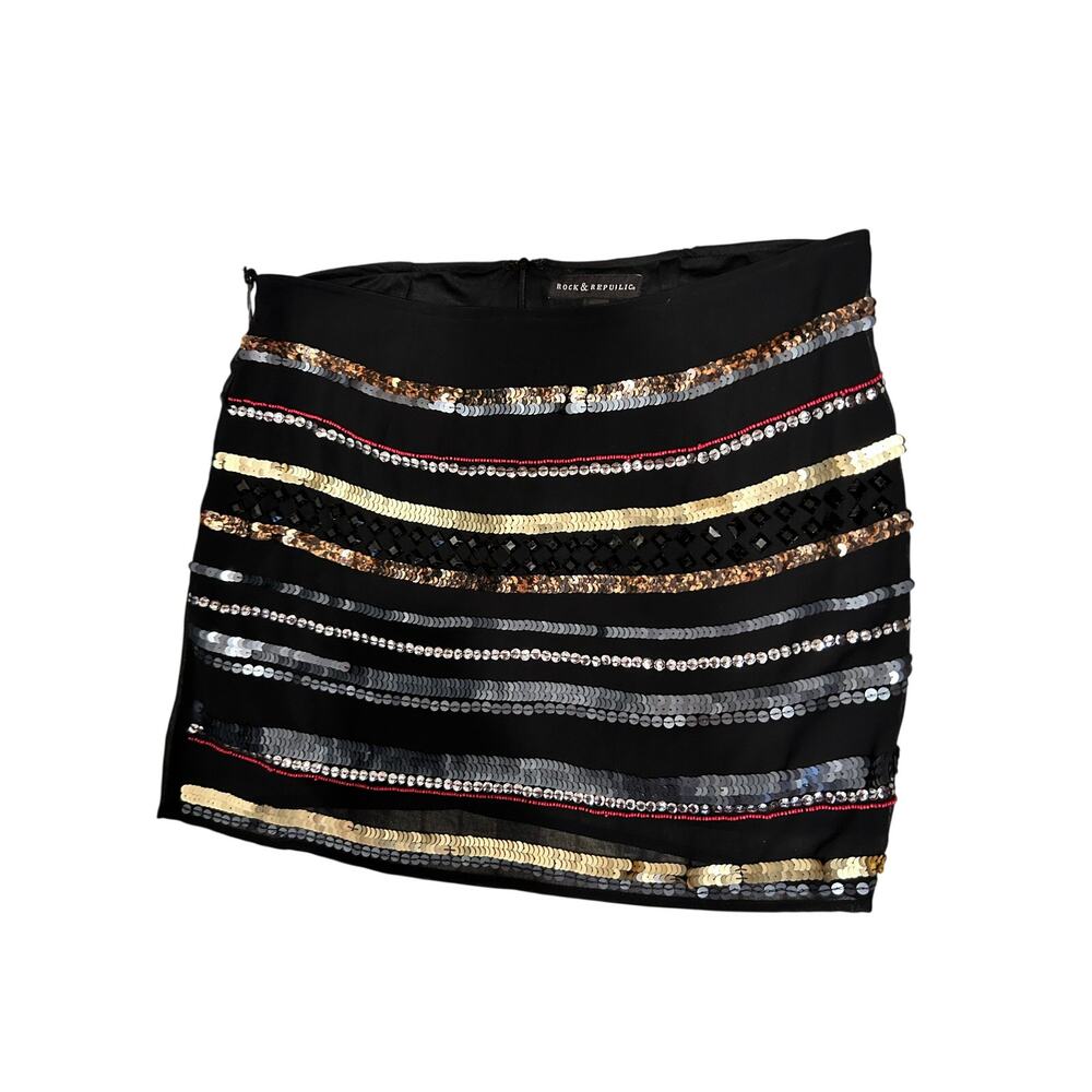 Y2K Rock & Republic Beaded Sequined Mini Skirt Size 10 NWT Black‎ Gold Red
